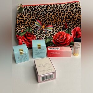 Travel-sized beauty products & leopard-print cosmetic bag Estée Lauder gift set
